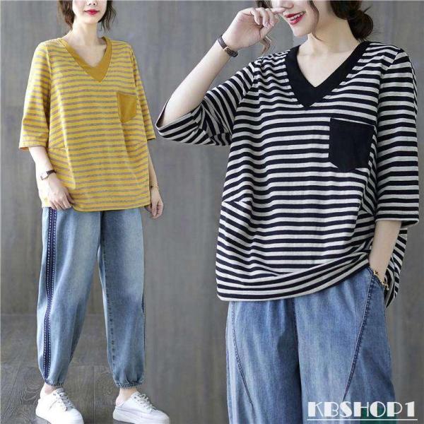 【大特価】ボーダー柄 Tシャツ ゆったり 夏 レディース カットソー ス Vネック 体型カバー 大人...