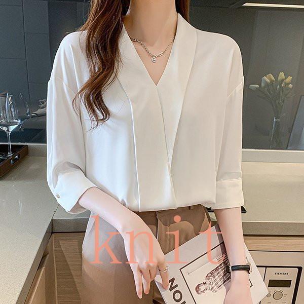 ブラウス レディース 白 オフィス 夏服 おしゃれ 五分袖 40代 20代 仕事 ス シャツ シフォ...