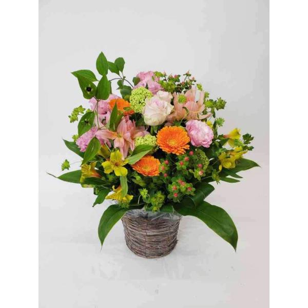 季節のお花 おまかせアレンジメント オレンジピンク系 フラワーギフト  お誕生日 お祝い 開店祝い