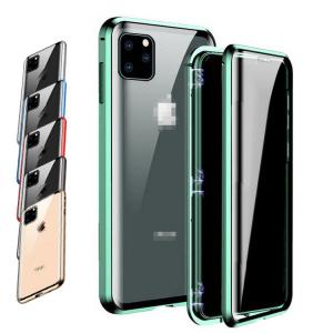 iPhone 11 ケース 11Pro/11 Pro Max カバー アルミ バンパー クリア 透明 背面強化ガラス マグネット装着 背面パネル付き