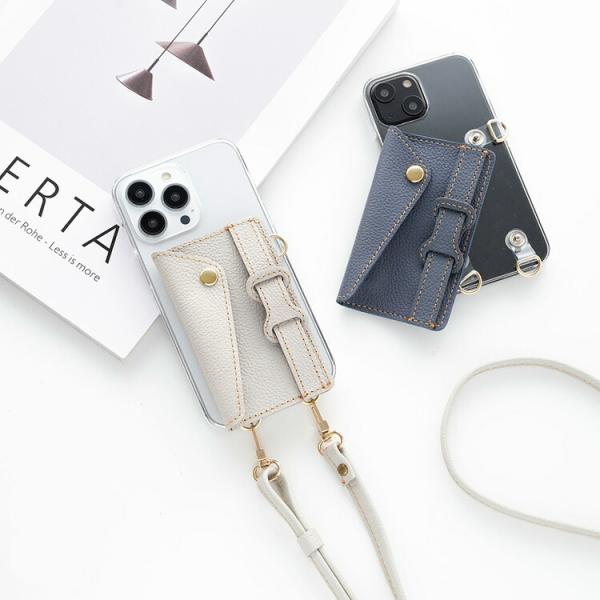 多機種対応 スマホショルダー 付け替え式 カードポケット・ベルト付き シュリンクレザー × クリア ...