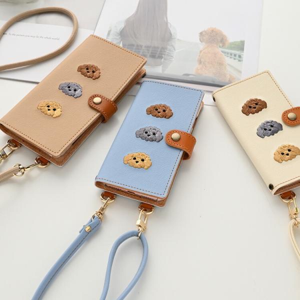 全機種対応 スマホケース 手帳型 スマホショルダー 刺繍 縦下げパーツ トイプードル 肩掛け ショル...