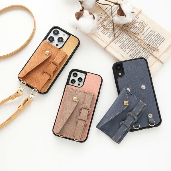 iPhone限定 リアケース 付け替え式 カードポケット ベルト付 ショルダーストラップ付 シュリン...