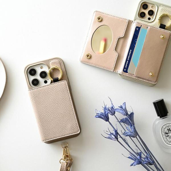 多機種対応 スマホケース カラー リアケース 付け替え 二つ折りカードケース ミラー付 スマホショル...