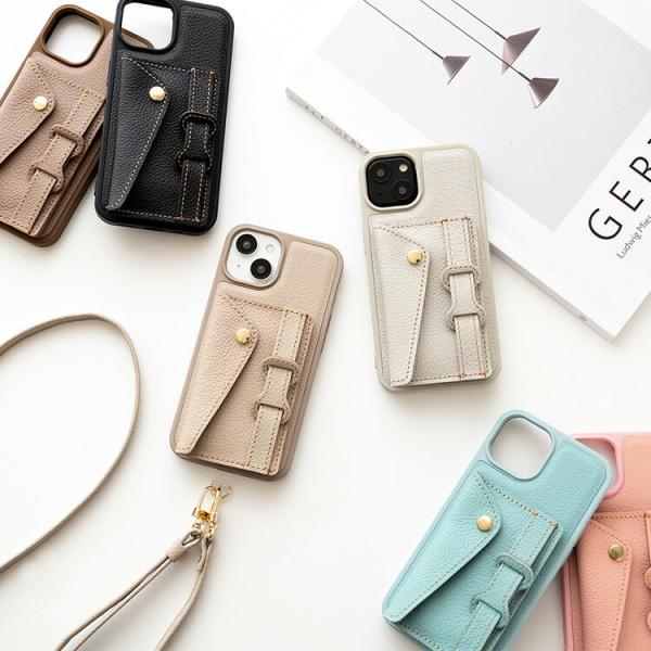 多機種対応 スマホケース カラー リアケース 付け替え式 カードポケット ベルト付き シュリンクレザ...