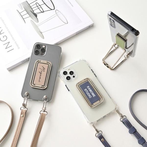 全機種対応 スマホショルダー スマホ 多機能リング クリアケース・ストラップ付 サフィアーノレザー ...