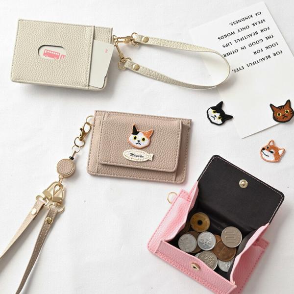 BOX型コインケース付き パスケース ワッペン 猫 犬 スマホショルダー対応 くすみカラー おしゃれ...