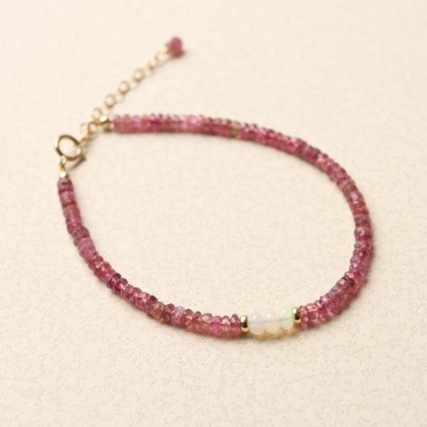 KEIUNDO ピンク トルマリン &amp; エチオピア産 プレシャス オパール 14KGF ブレスレット...