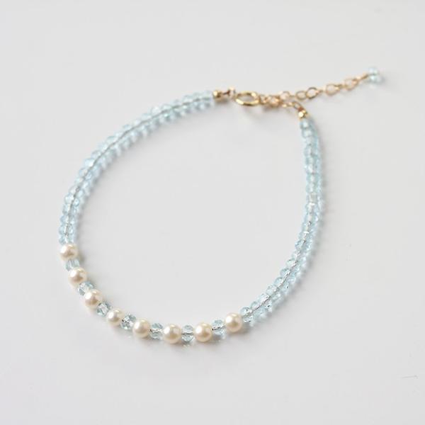 KEIUNDO 11月 誕生石 ブルー トパーズ &amp; 淡水 パール 14KGF ブレスレット 高級ケ...