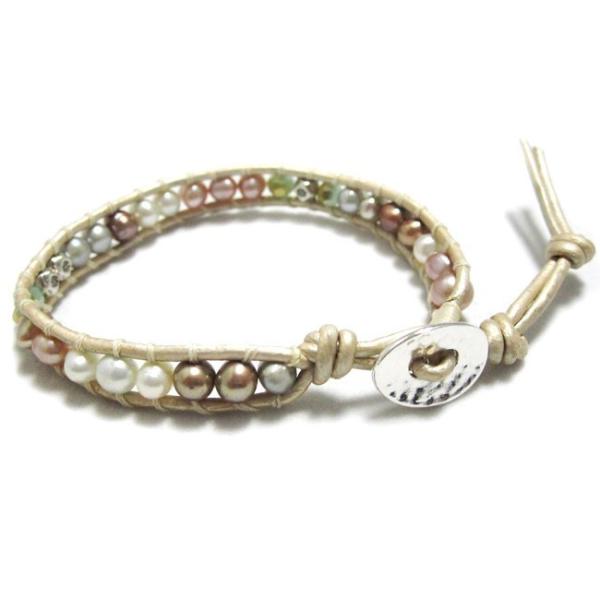 KEIUNDO レザー 1連 ラップ ブレスレット 淡水 パール オレンジミックスD 本革 レディー...