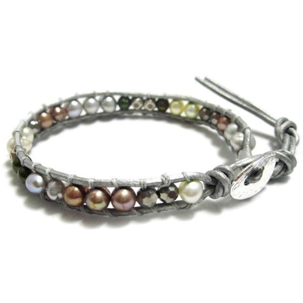 KEIUNDO レザー 1連 ラップ ブレスレット 淡水 パール ダークオレンジミックスF 本革 レ...