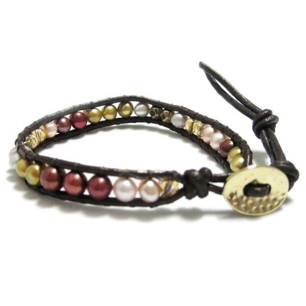 KEIUNDO レザー 1連 ラップ ブレスレット 淡水 パール ダークピンクミックスA 本革 レデ...