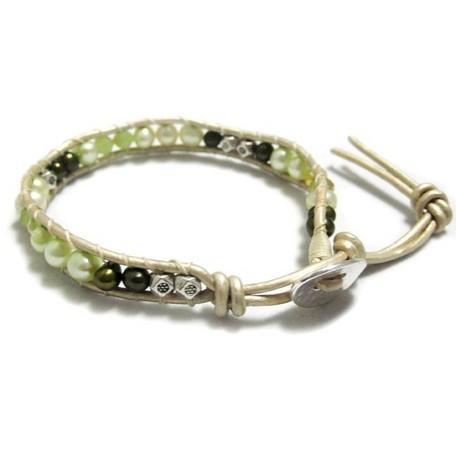 KEIUNDO レザー 1連 ラップ ブレスレット 淡水 パール ブラウンミックスB 本革 レディー...