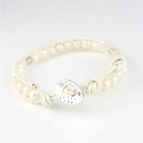 KEIUNDO レザー 1連 ラップ ブレスレット 淡水 パール ホワイトミックスC 本革 レディー...