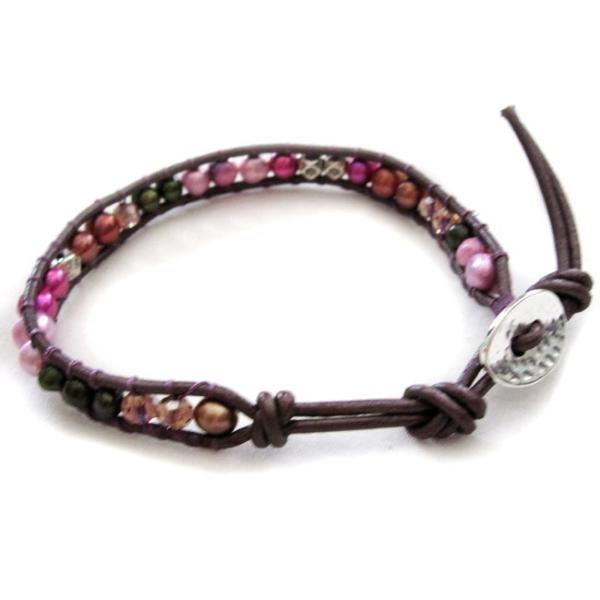 KEIUNDO レザー 1連 ラップ ブレスレット 淡水 パール パープルミックス 本革 巾着袋付き...