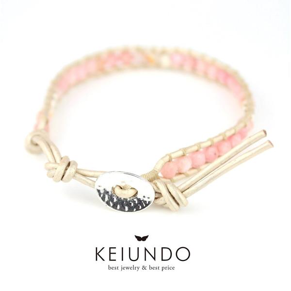 KEIUNDO レザー 1連 ラップ ブレスレット 天然石 アゲート アジアンピンク 本革 レディー...