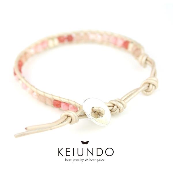 KEIUNDO レザー 1連 ラップ ブレスレット 天然石 アゲート アジアンピンクアゲートb 本革...