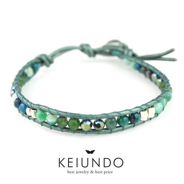KEIUNDO レザー 1連 ラップ ブレスレット 天然石 アゲート グリーン 本革 レディース メ...