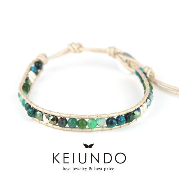 KEIUNDO レザー 1連 ラップ ブレスレット 天然石 アゲート グリーンE 本革 レディース ...