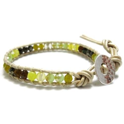 KEIUNDO レザー 1連 ラップ ブレスレット 天然石 アゲート グリーンベージュE 本革 レデ...