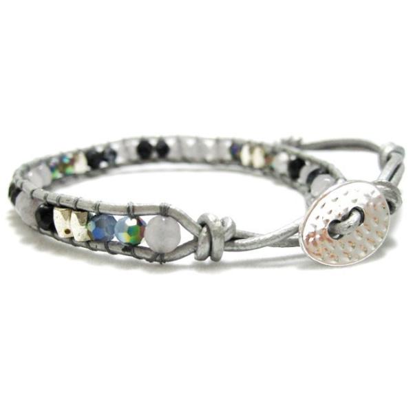 KEIUNDO レザー 1連 ラップ ブレスレット 天然石 アゲート グレーB 本革 レディース メ...