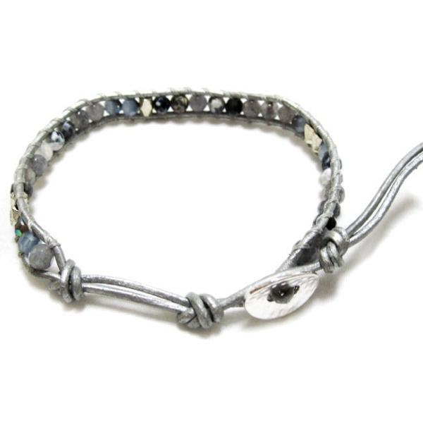 KEIUNDO レザー 1連 ラップ ブレスレット 天然石 アゲート グレーJ レディース メンズ