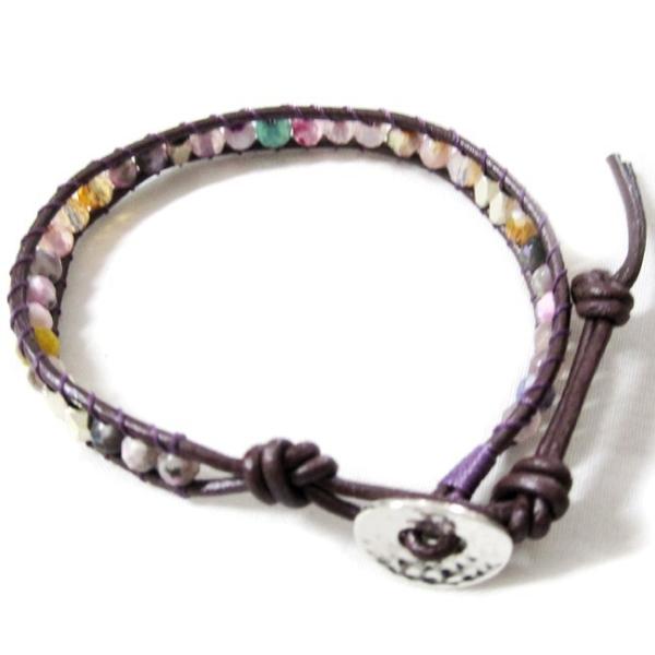 KEIUNDO レザー 1連 ラップ ブレスレット 天然石 アゲート パープルミックス 本革 レディ...