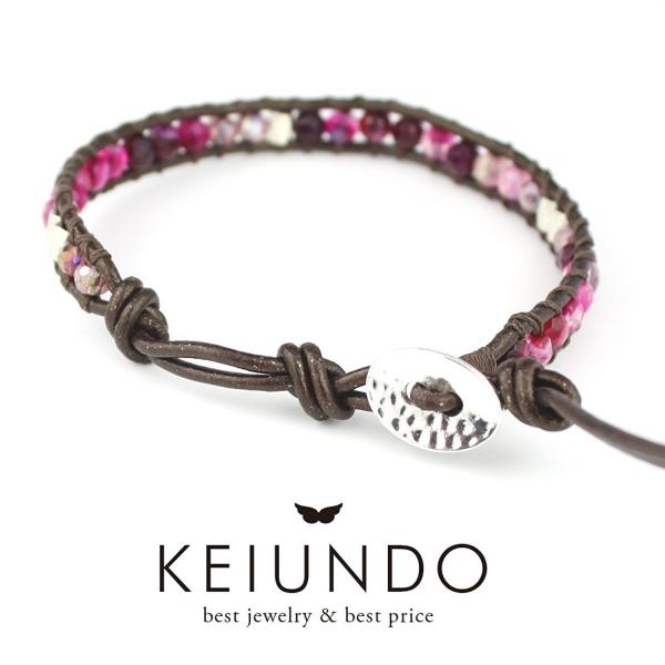 KEIUNDO レザー 1連 ラップ ブレスレット 天然石 アゲート ブラウン レッドG 本革 レデ...