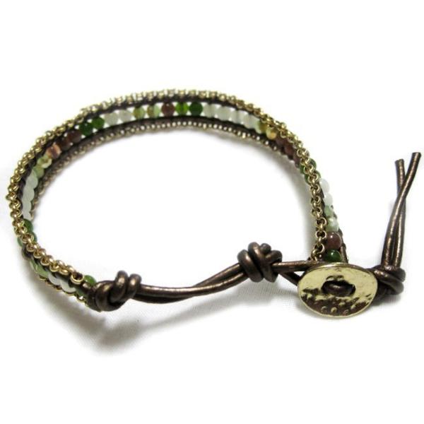 KEIUNDO レザー 1連 ラップ ブレスレット 天然石 アベンチュリン Gグリーンピンクミックス...