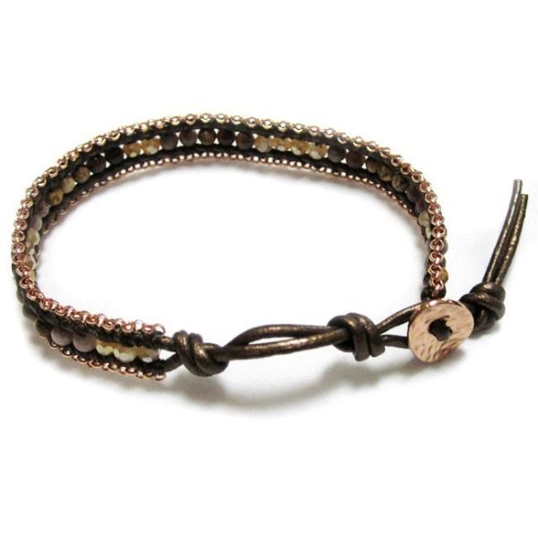 KEIUNDO レザー 1連 ラップ ブレスレット 天然石 アベンチュリン PGダークブラウンミック...