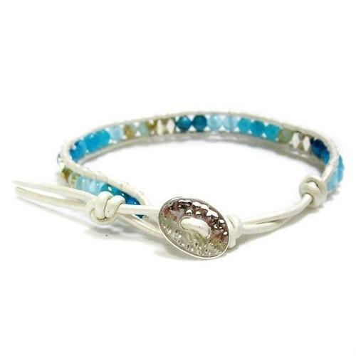 KEIUNDO レザー 1連 ラップ ブレスレット 天然石 アベンチュリン ホワイトブルー 本革 レ...