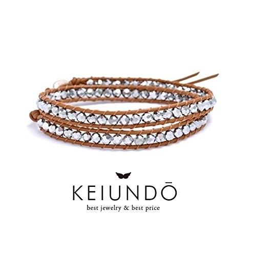 KEIUNDO レザー 2連 ラップ ブレスレット シルバー クリスタル レザー 巾着袋付き レディ...