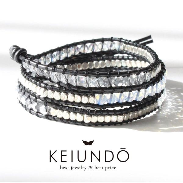KEIUNDO レザー 3連 ラップ ブレスレット クリスタル ビーズ ブラック 本革 巾着袋付き ...