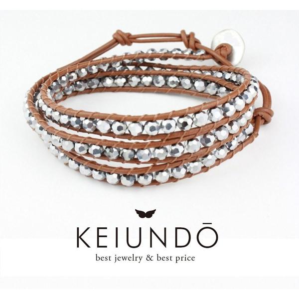 KEIUNDO レザー 3連 ラップ ブレスレット シルバークリスタル 巾着袋付き レディース メン...