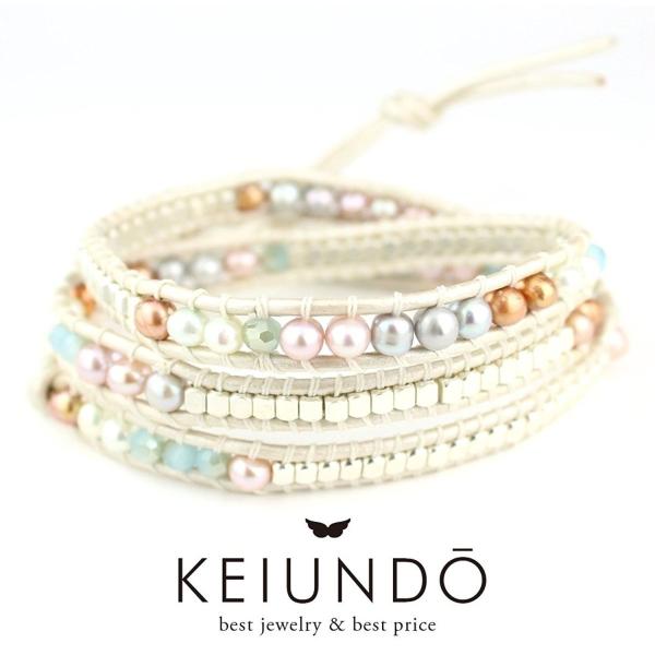 KEIUNDO レザー 3連 ラップ ブレスレット 淡水 パール オレンジミックスD 本革 巾着袋付...