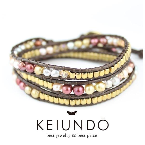 KEIUNDO レザー 3連 ラップ ブレスレット 淡水 パール ダークピンクミックスA 本革 巾着...