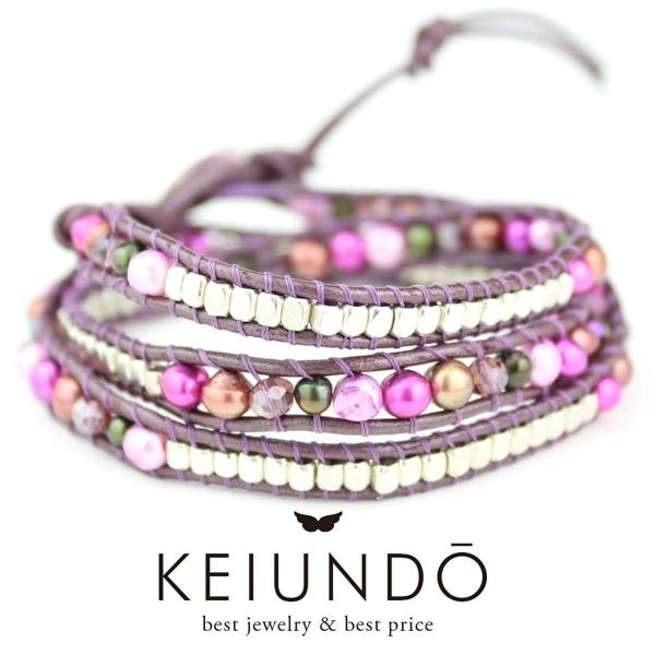 KEIUNDO レザー 3連 ラップ ブレスレット 淡水 パール パープルミックス 本革 巾着袋付き...
