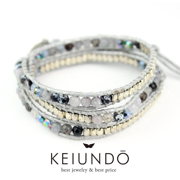 KEIUNDO レザー 3連 ラップ ブレスレット 天然石 アゲート グレーJ 本革 巾着袋付き レ...