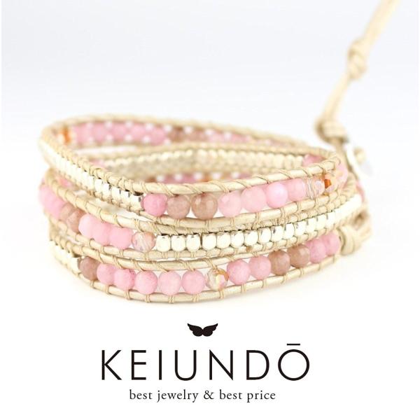 KEIUNDO レザー 3連 ラップ ブレスレット 天然石 アゲート アジアンピンク 本革 巾着袋付...