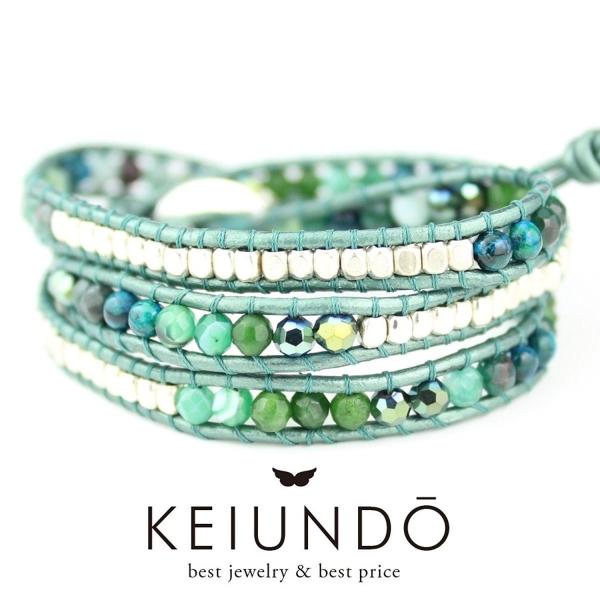 KEIUNDO レザー 3連 ラップ ブレスレット 天然石 アゲート グリーン 本革 巾着袋付き レ...