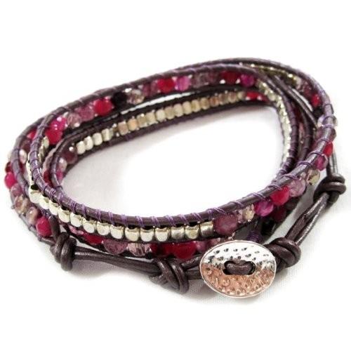 KEIUNDO レザー 3連 ラップ ブレスレット 天然石 アゲート ブラウン レッドG 本革 巾着...