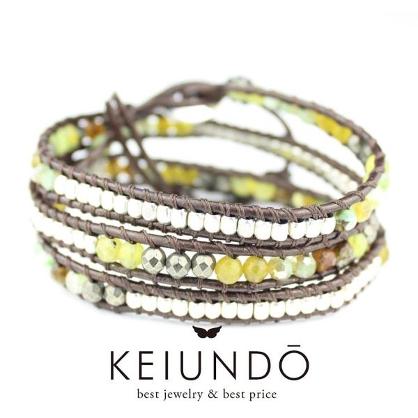 KEIUNDO レザー 3連 ラップ ブレスレット 天然石 アゲート ブラウングリーンミックスE 本...