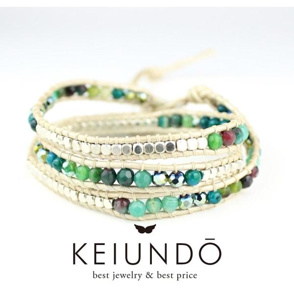 KEIUNDO レザー 3連 ラップ ブレスレット 天然石 アゲートグリーンE 本革 巾着袋付き レ...
