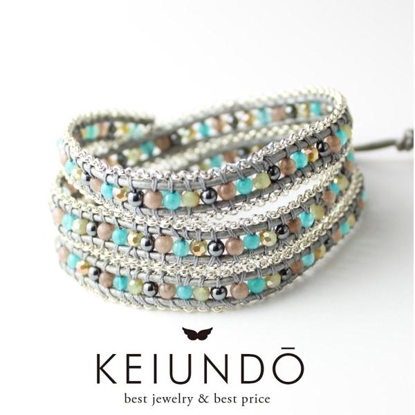 KEIUNDO レザー 3連 ラップ ブレスレット 天然石 アベンチュリン アジアンチェーンB 本革...