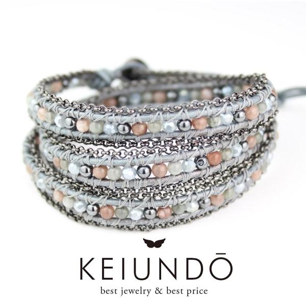 KEIUNDO レザー 3連 ラップ ブレスレット 天然石 アベンチュリン ブラック 本革 巾着袋付...