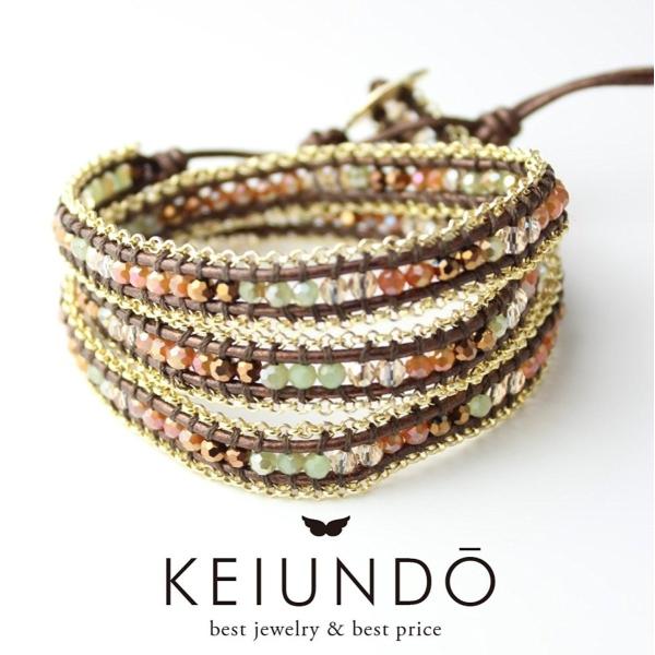 KEIUNDO レザー 3連 ラップ ブレスレット 天然石 アベンチュリン Sブラウンミックス 本革...