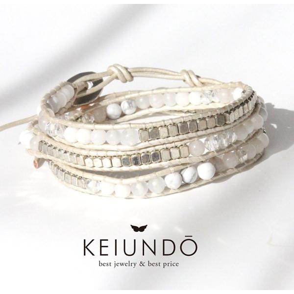 KEIUNDO レザー 3連 ラップ ブレスレット 天然石 アベンチュリン アジアンホワイト 本革 ...