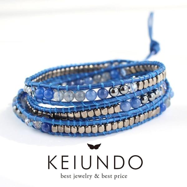 KEIUNDO レザー 3連 ラップ ブレスレット 天然石 アベンチュリン ネイビーブルー 本革 巾...