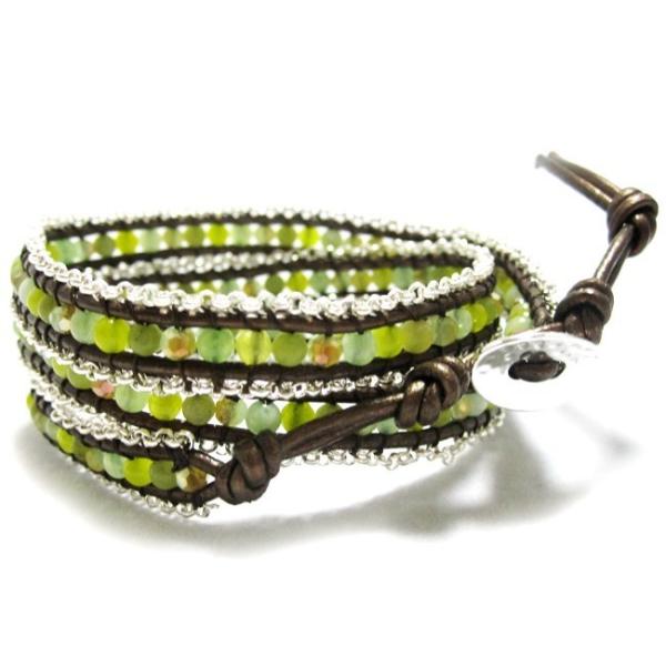 KEIUNDO レザー 3連 ラップ ブレスレット 天然石 アベンチュリン ブラウングリーンd 本革...