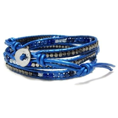 KEIUNDO レザー 3連 ラップ ブレスレット 天然石 アベンチュリン ラピス ネイビーブルー ...